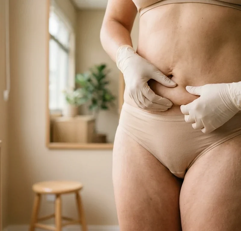 Avaliação de flacidez abdominal com os dedos levantando a pele solta