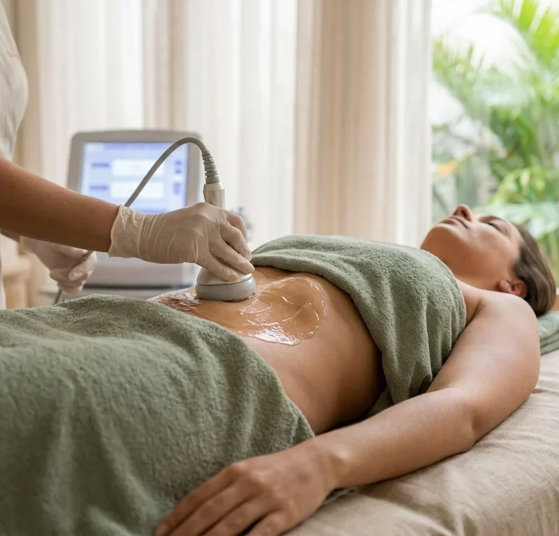 Transdutor de ultrassom aplicado no abdômen com gel condutor