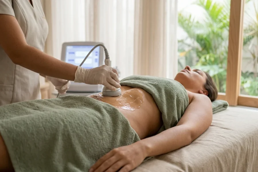Transdutor de ultrassom aplicado no abdômen com gel condutor