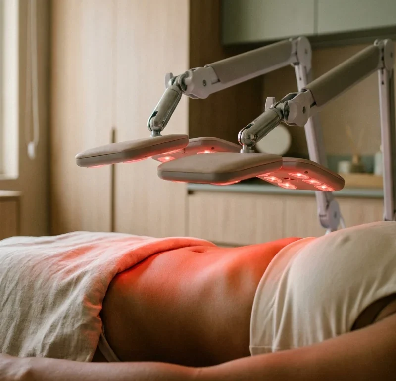 Placas de laser vermelho posicionadas sobre o abdômen durante a sessão