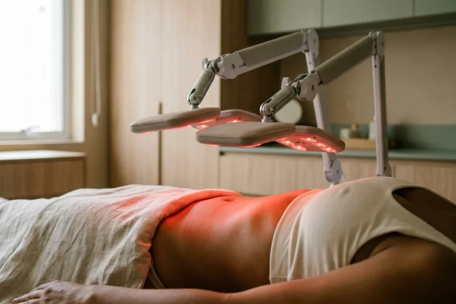 Placas de laser vermelho posicionadas sobre o abdômen durante a sessão