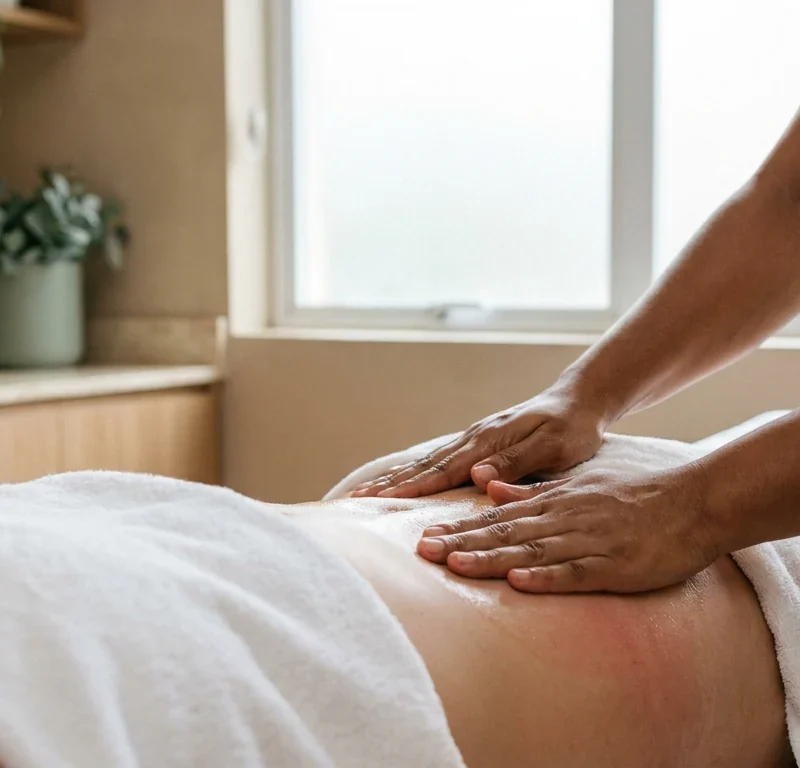 Mãos de esteticista realizando manobras firmes de massagem modeladora na coxa da cliente