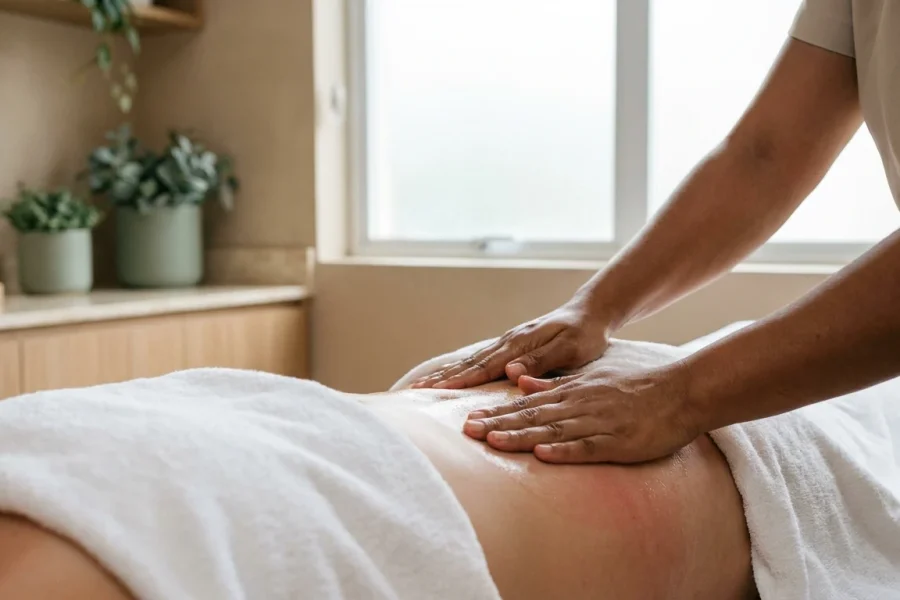 Mãos de esteticista realizando manobras firmes de massagem modeladora na coxa da cliente