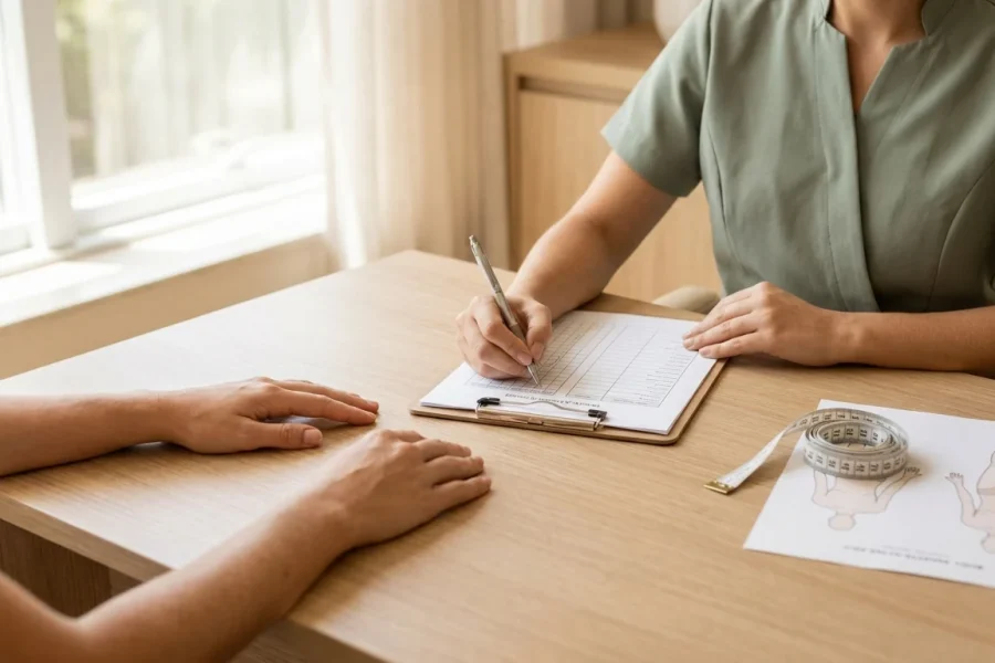 Esteticista preenchendo ficha de avaliação corporal com fita métrica sobre a mesa