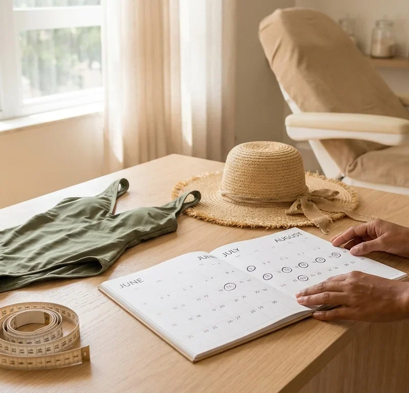 Calendário de três meses aberto ao lado de maiô, chapéu de palha e fita métrica