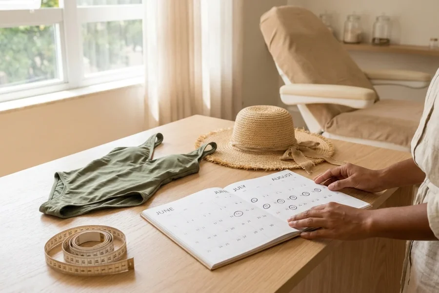 Calendário de três meses aberto ao lado de maiô, chapéu de palha e fita métrica