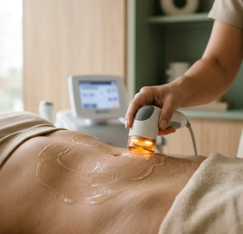 Aplicador de radiofrequência deslizando sobre o abdômen com gel condutor