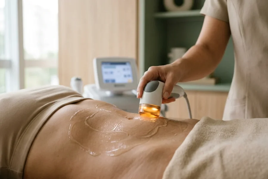 Aplicador de radiofrequência deslizando sobre o abdômen com gel condutor