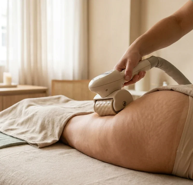 Ponteira de endermologia com sucção deslizando na parte posterior da coxa