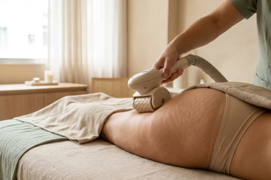 Ponteira de endermologia com sucção deslizando na parte posterior da coxa